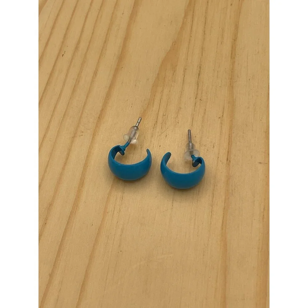 Vtg 80s Blue Matte Chunky Hoop Earrings Retro Mod C-Shape Studs